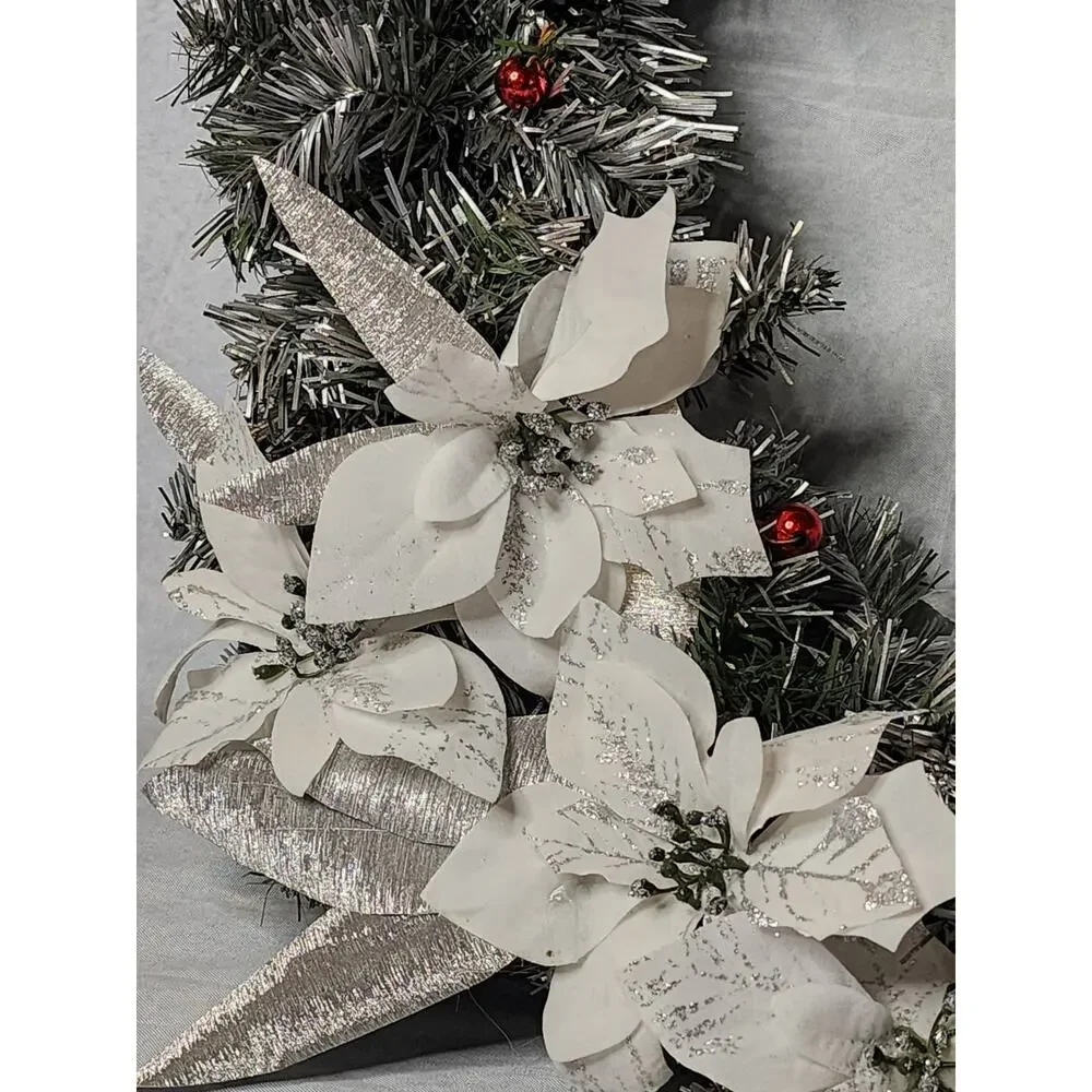 Gorgeous Winter Christmas Wreath for Front Door White Flowers Silver Ribbon 21